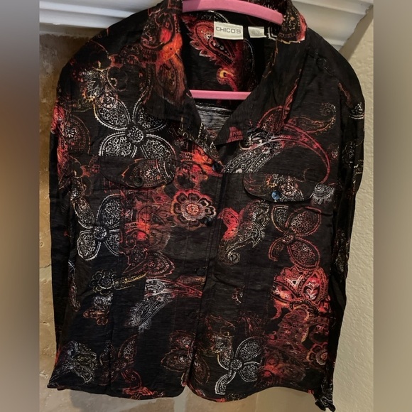 Chico's Jackets & Blazers - Chico's Vibrant Black Paisley Floral Linen Silk Button Blouse Blazer Jacket XL